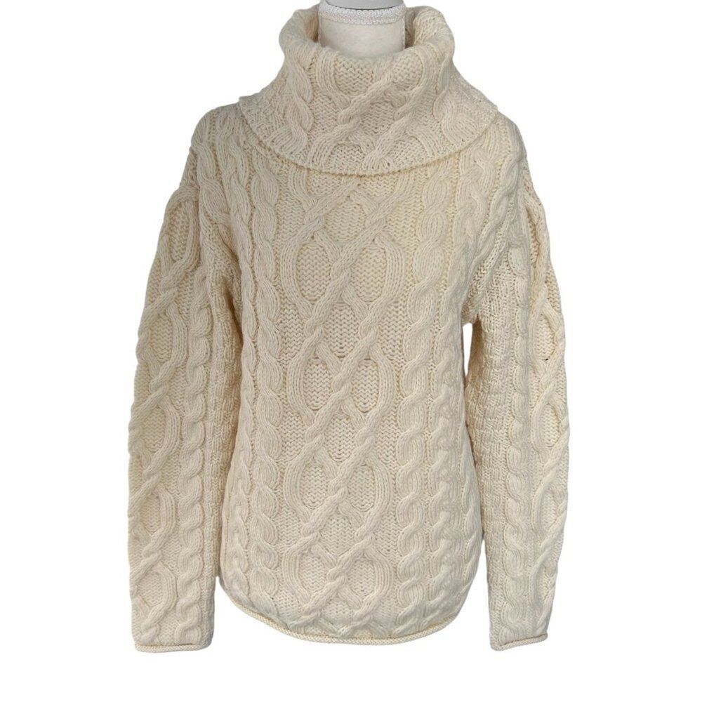 Inis Crafts 100% Merino Wool Fisherman Knit Turtleneck Sweater Cream Size M